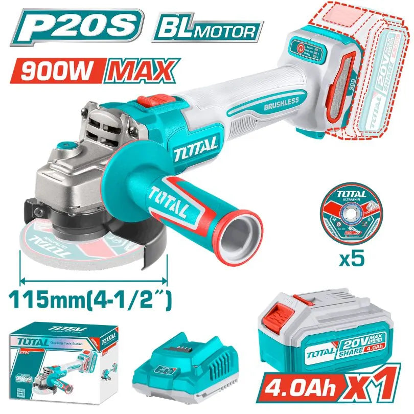 Meuleuse Sans Fil 115mm 900W – 1 batterie TOTAL | 20V 4Ah | TAGLI261521