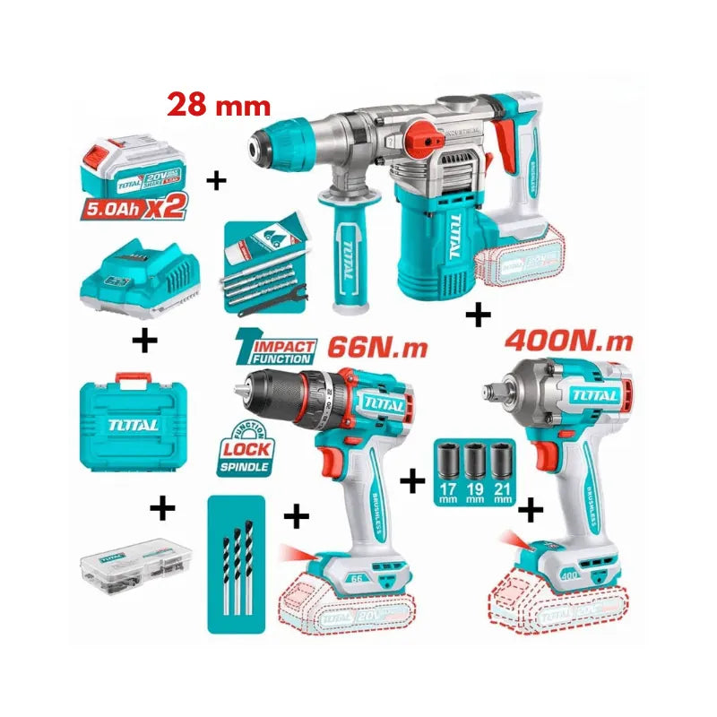 PACK Boulonneuse 400Nm Perceuse Brushless 66Nm Marteau Perforateur 28mm TOTAL | 20V | TCKLI20638