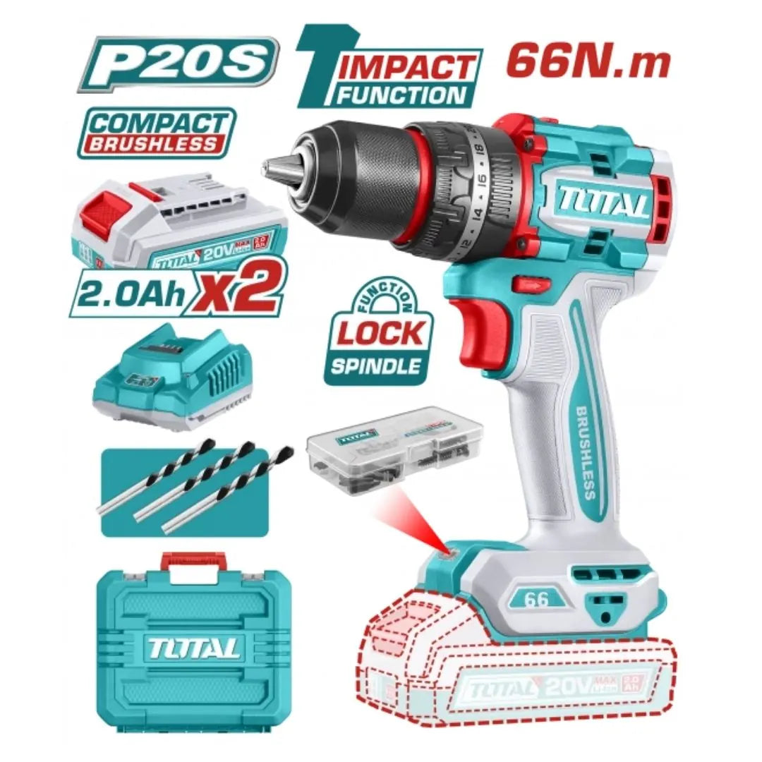 Visseuse Perceuse 66N.m 2 batteries Brushless TOTAL | 20V | TIDLI206681