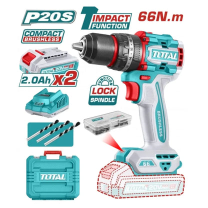 Visseuse Perceuse 66N.m 2 batteries Brushless TOTAL | 20V | TIDLI206681