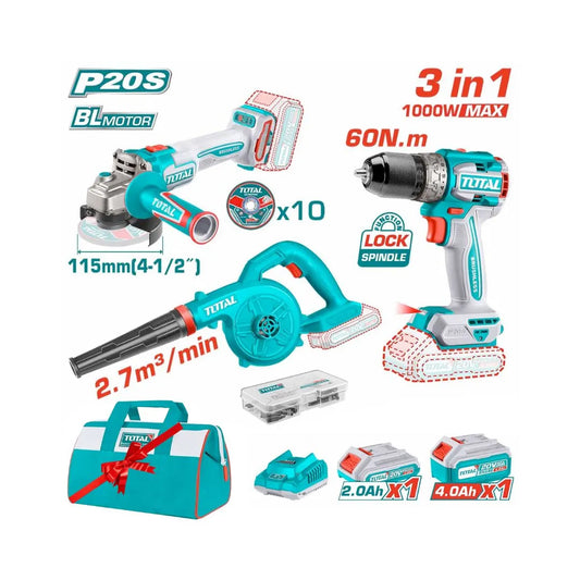 Pack 3 outils sans fil – Visseuse, Meuleuse, souffleur TOTAL | 20V | TOSLI241192