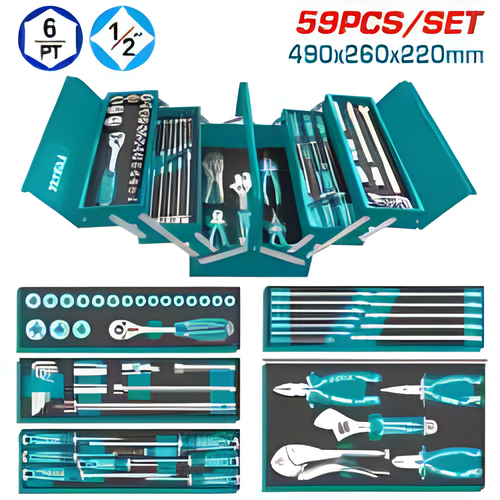 Caisse à outils métal TOTAL THTCS12591 59 pièces : douilles 1/2, clés mixtes, tournevis et pinces