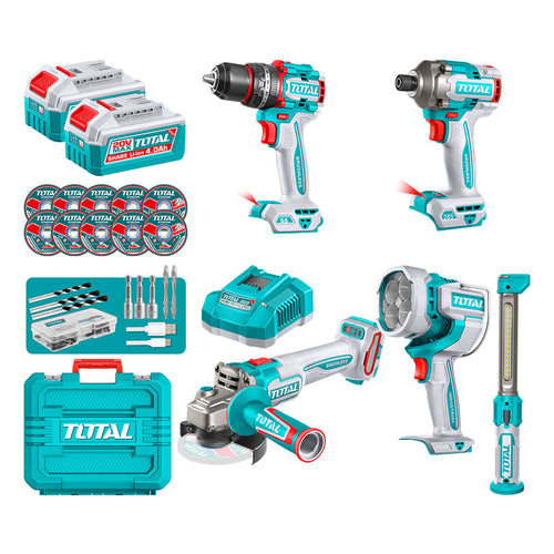 Contenu du kit TOTAL TOSLI250692 en coffret : 2 batteries, chargeur, disques et jeu d'embouts