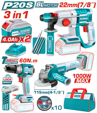 Kit combo TOTAL 20V – perceuse + meuleuse + perforateur | TOSLI240202